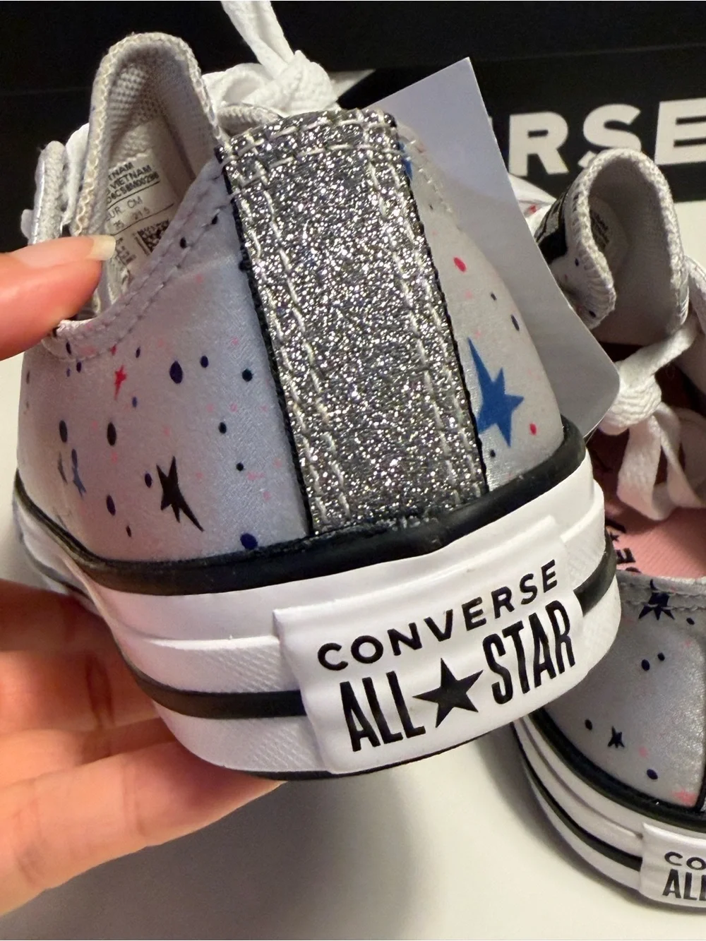 Converse Chuck Taylor All Star OX Junior 3 Silver Star Print Glitter 665360F NWT